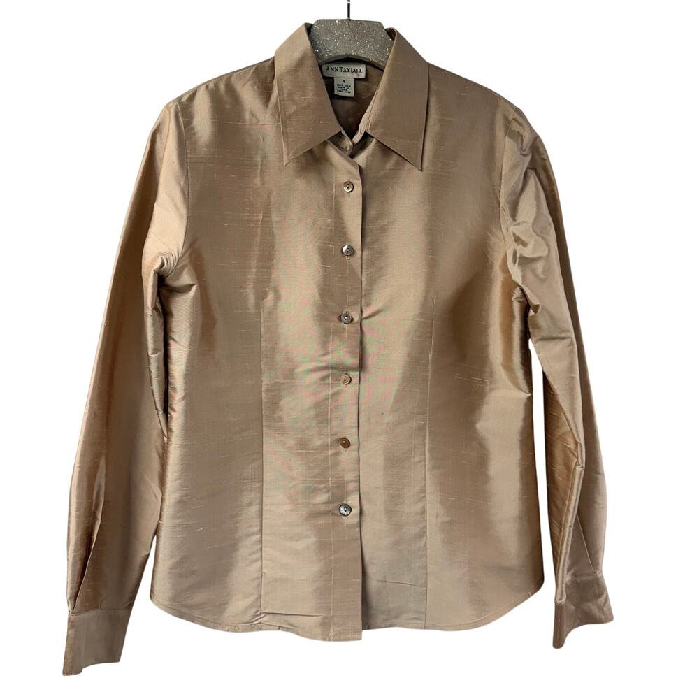 Ann Taylor 100% Silk Blouse 4 Champagne Vintage Slub Raw Shiny Button Collar